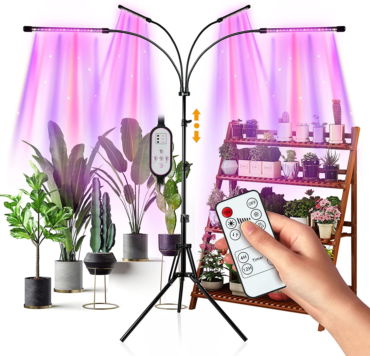 

LED Cob Cree lead Grow Lights for Indoor Plants Full Spectrum vegetable Light with Stand (Adjustable Tripod 15-60inch Floor Red/Blue/White 4/8/12H Timer Remote Control)