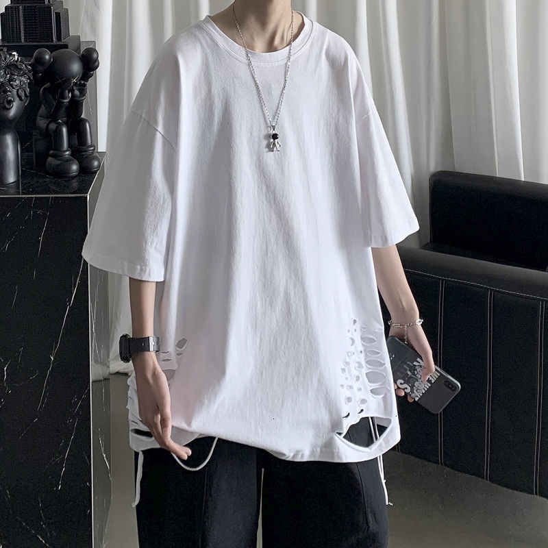

2021 New Spring Cotton Ripped T-shirt Men's Fashion Casual O-neck t Shirt Men Streetwear Korean Loose Hip-hop Short-sleeved Tshirt Mens 8q3o, White