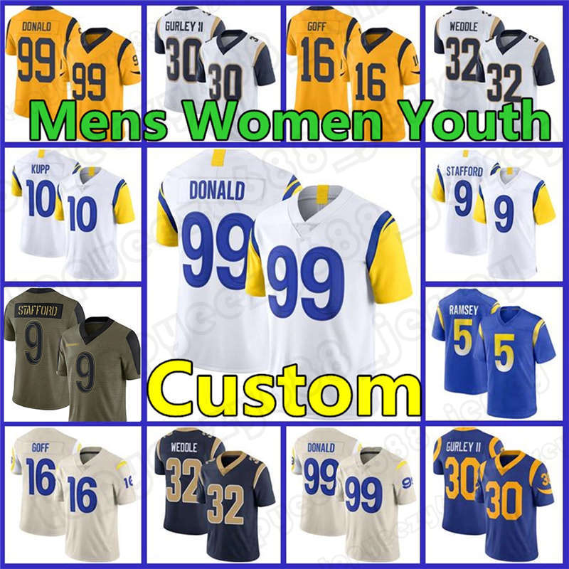 

Custom 9 Matthew Stafford 99 Aaron Donald Los Mens Angeles Football Jersey Cooper Kupp Todd Gurley II Jalen Ramsey Cam Akers Cam Akers Robert Woods Women Youth, Custom men (gongyang)