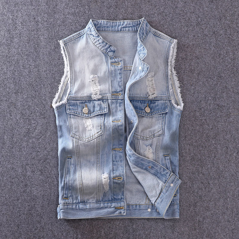 

2021 New Fashion Streetwear Light Blue Slim Fit Ripped Sleeveless Jacket Men Korean Style Hip Hop Vest Chalecos Para Hombre Gb93