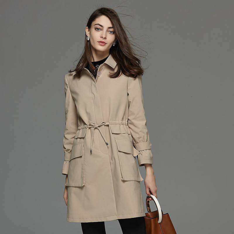 

2021 New Long High Quality Trench Coat for Women Blue Elegant Slim Ladies Coats Women's Windbreaker Outerwear Abrigos Wx99 O90u, Dark blue