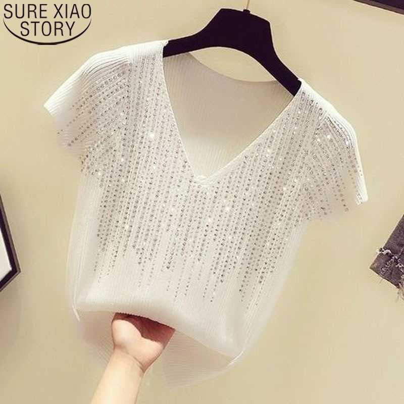 

Summer Sexy Short-sleeved Shirt White Tops Korean Fashion Ice Silk Shirt Women V-neck Blouse Slim Ladies Blusas 14423 210527, Green