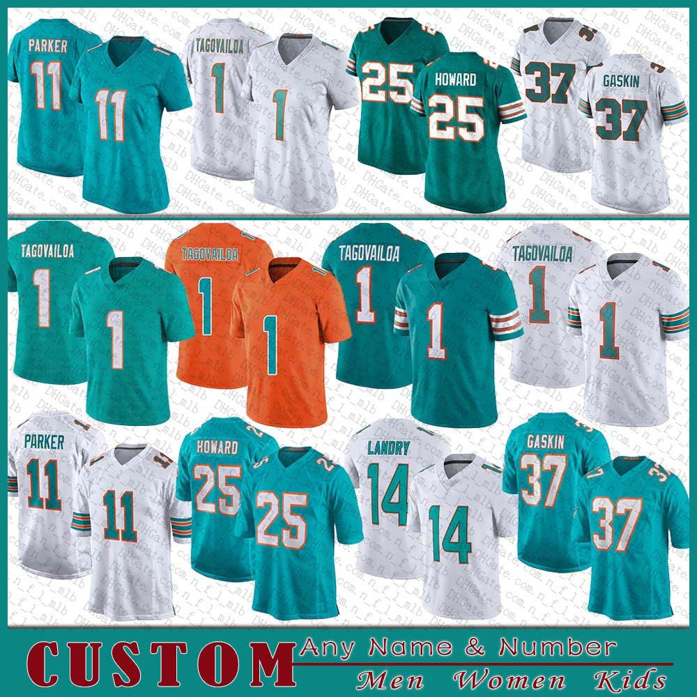 

1 Tua Tagovailoa Football jersey 25 Xavien Howard 11 DeVante Parker 13 Dan Marino 37 Myles Gaskin 19 Jakeem Grant Sr Custom Men Women Kids Miami Dolphin Stitched, Shown