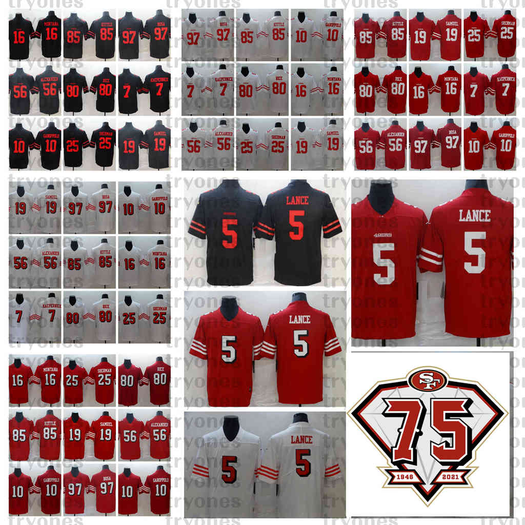 

2021 Trey Lance 75th Jimmy Garoppolo Montana Jerry Rice Nick Bosa George Kittle Sherman Kaepernick Alexander Deebo Samuel Football JERSEYS, White