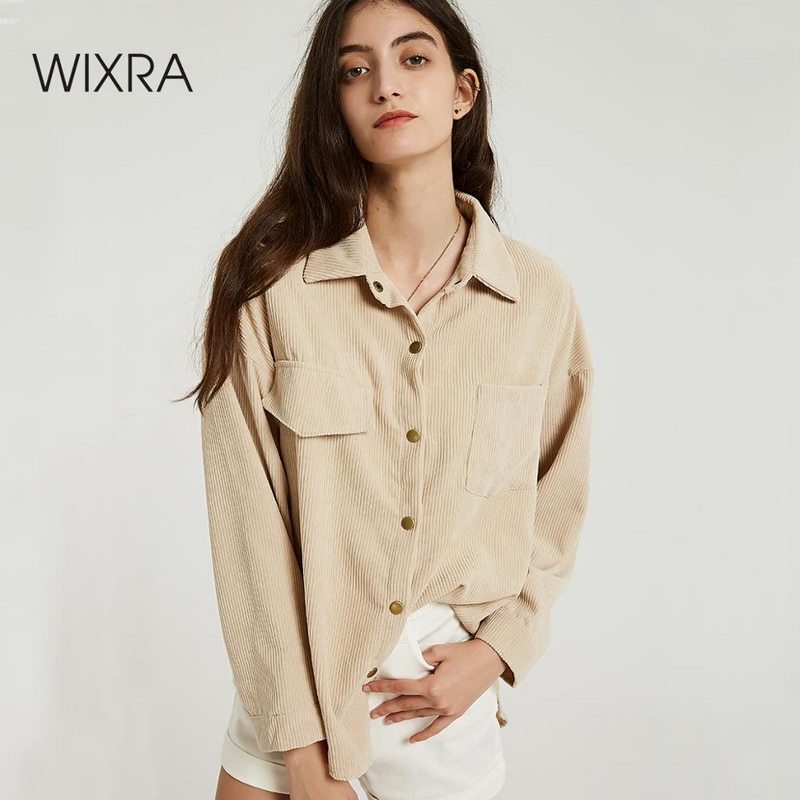 Wixra Women Solid Blouse Ladies Casual Corduroy Long Sleeve Turn Down Collar Pockets Shirts Autumn Spring Basic Tops 210225Z