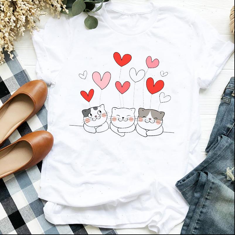 

women lady cartoon cat lovely fashion short sleeve style 90s trend t tee womens tshirt female shirt clothes graphic t shirt, White