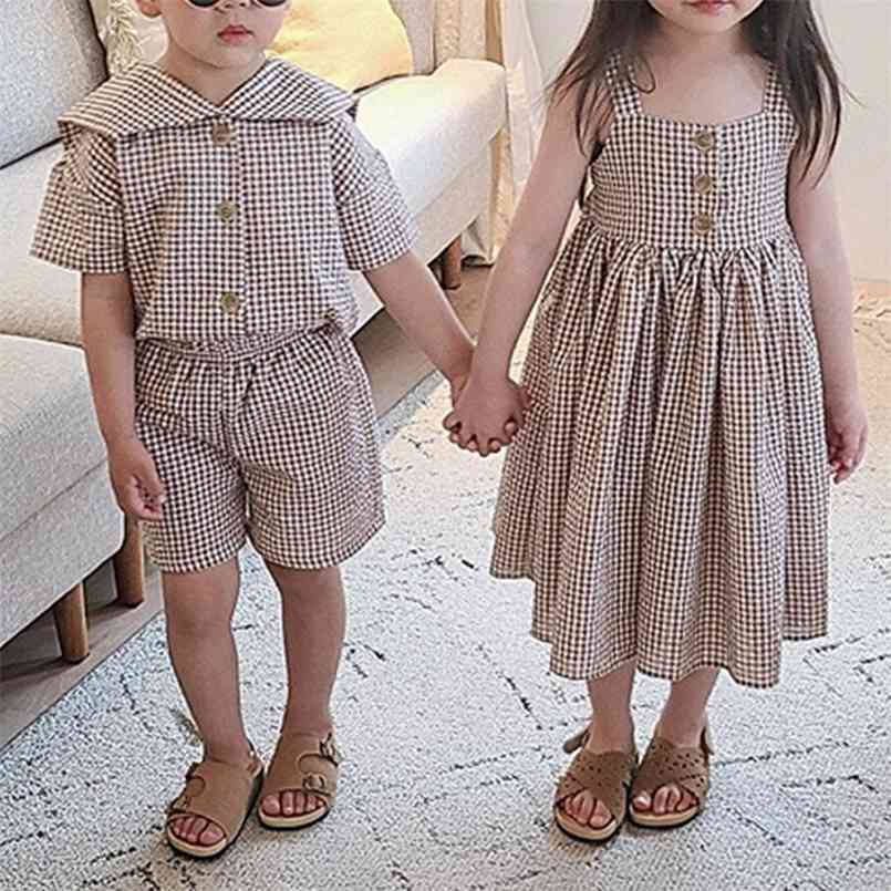 

plaid girls with long dress halter sailor neck short sleeve shorts set for boys and kids clothes 210702