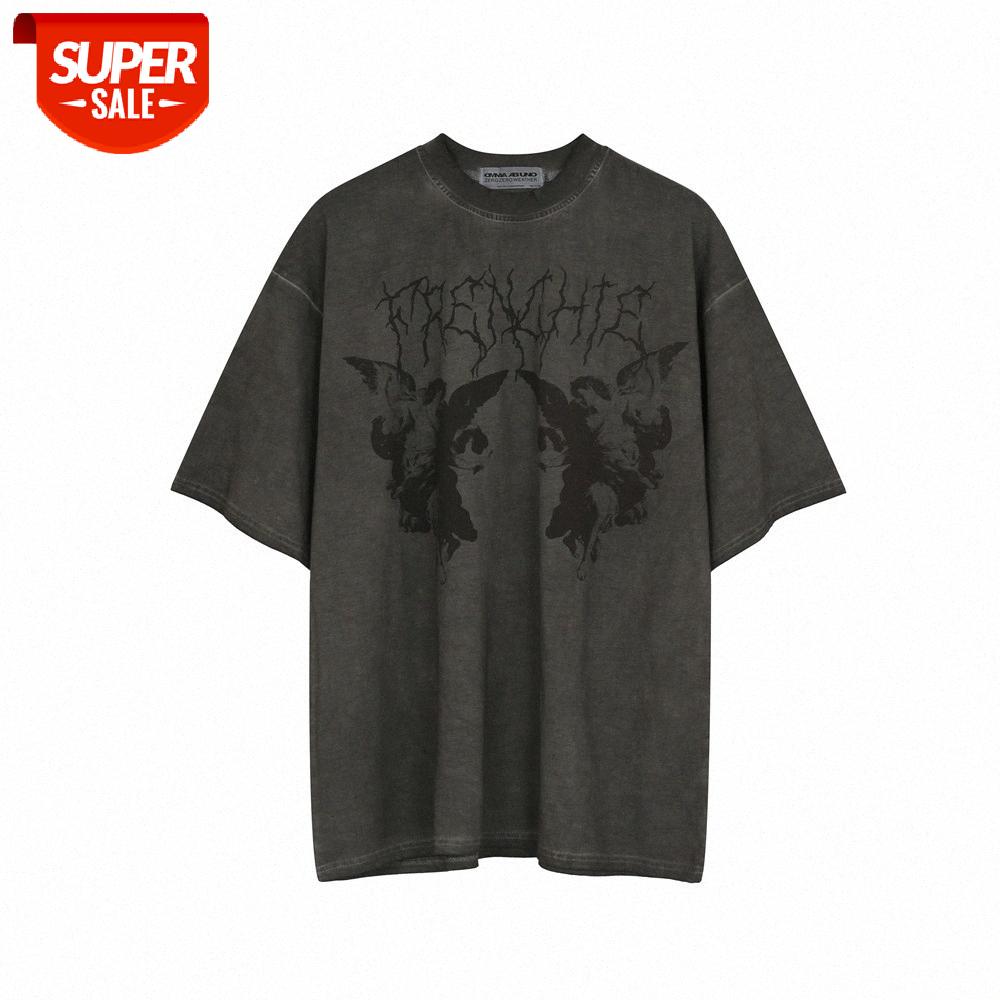 

Dark angel print short-sleeved t-shirt men's round neck loose five-point sleeve #tw9D, White;black