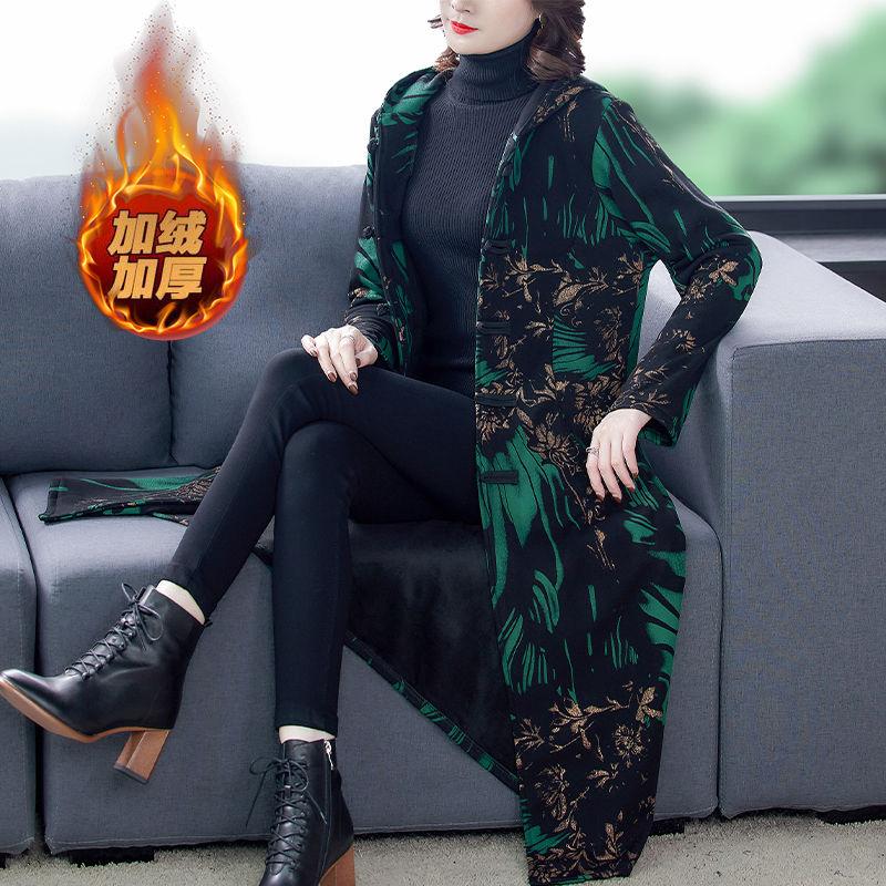 

Women's Trench Coats Retro Large Size Plus Velvet Thick Coat Middle Aged Women Hooded Printing Warm Long Woolen Jacket Fleece Windbreakers, Tan;black