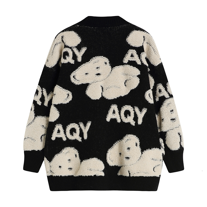 

women's sweaters outono nova malha feminina cardigan solto streetwear camisola casaco bonito dos desenhos animados urso impressÃ£o v pes, White;black
