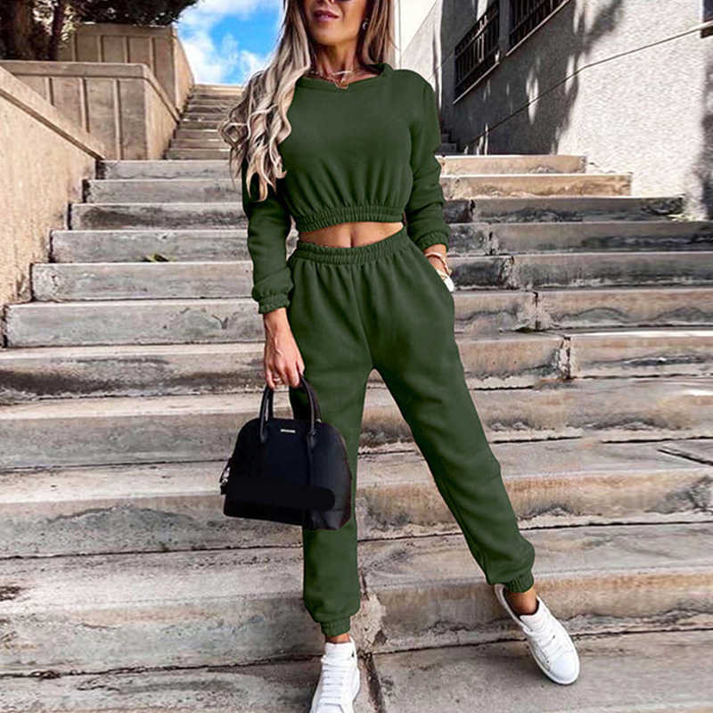 

Casual Solid Two Piece Sets Women Fleece Long Sleeve Pullover Sweatshirts And Long Pant Jogging Suits Female Sport Tracksuits 210709, Army green