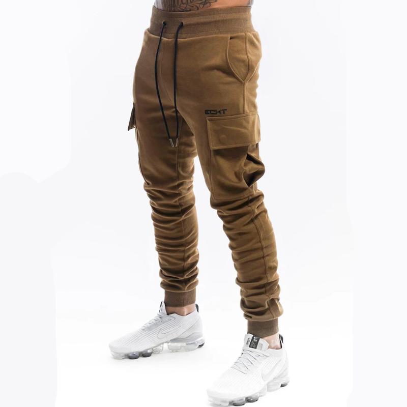 

Men's Pants Joggers Sweatpants Men Casual Cargo Fitness Bottoms Skinny Sportswear Black Trousers Male Multi-pocket Cotton Track, Brown
