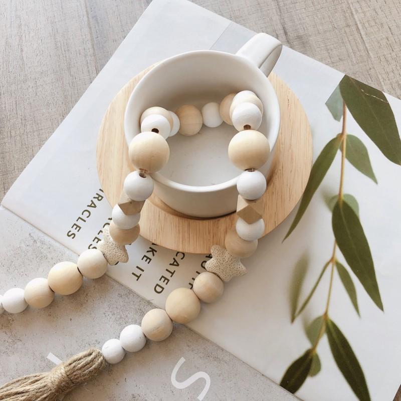 

European Wood Bead Garland with Tassels Farmhouse Rustic Country Decor Kids Room Boho Wall Decorations Home Ornaments 2021