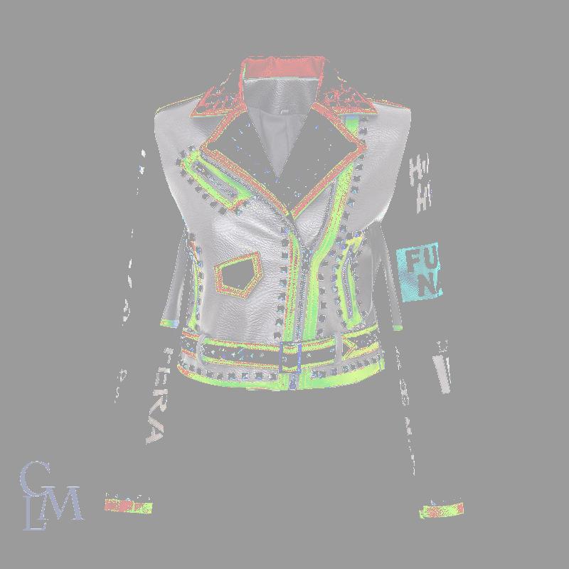

Women's Leather & Faux Spring And Autumn Women Punk Rock Jacket With Belt Rivet Funny Printing White Graffiti Motor Biker Clothing MT-21682, Black