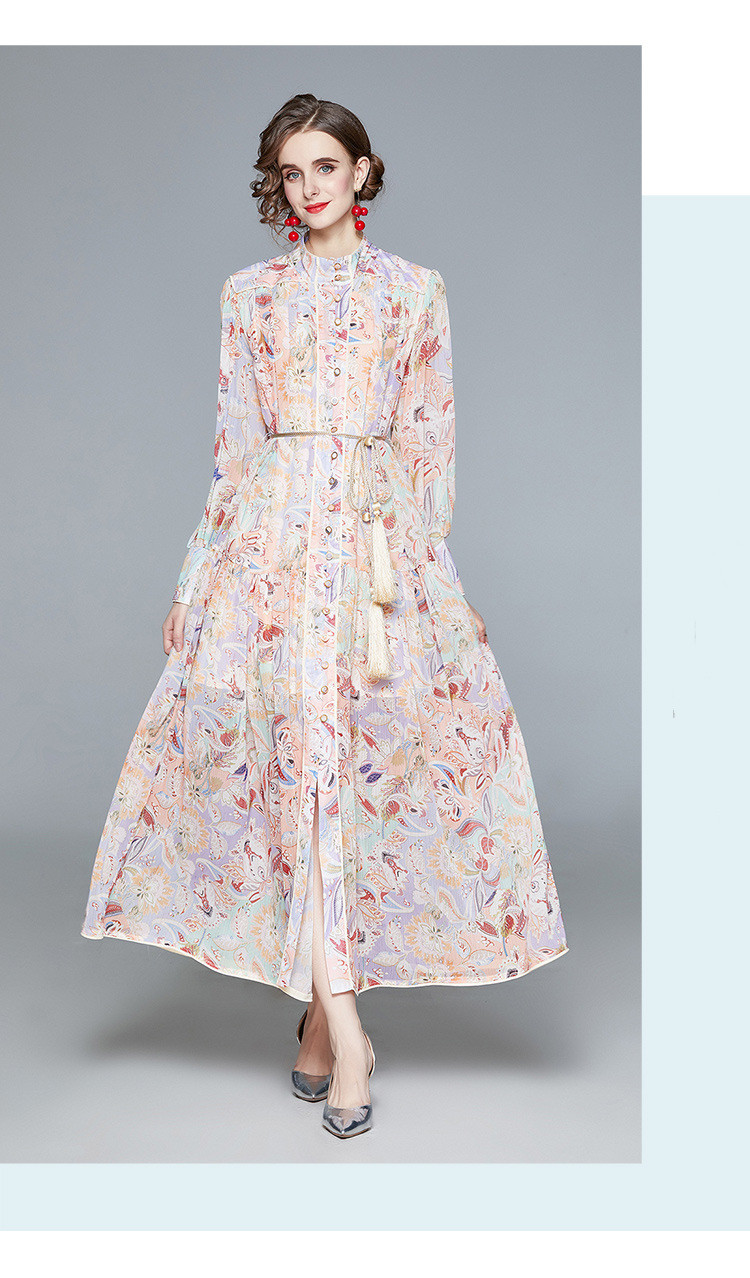 

flora printed dresses Lady Fashion Catwalk Dress Stand-up Collar Chiffon Long Skirt European and American Dinner Dress, Style 1