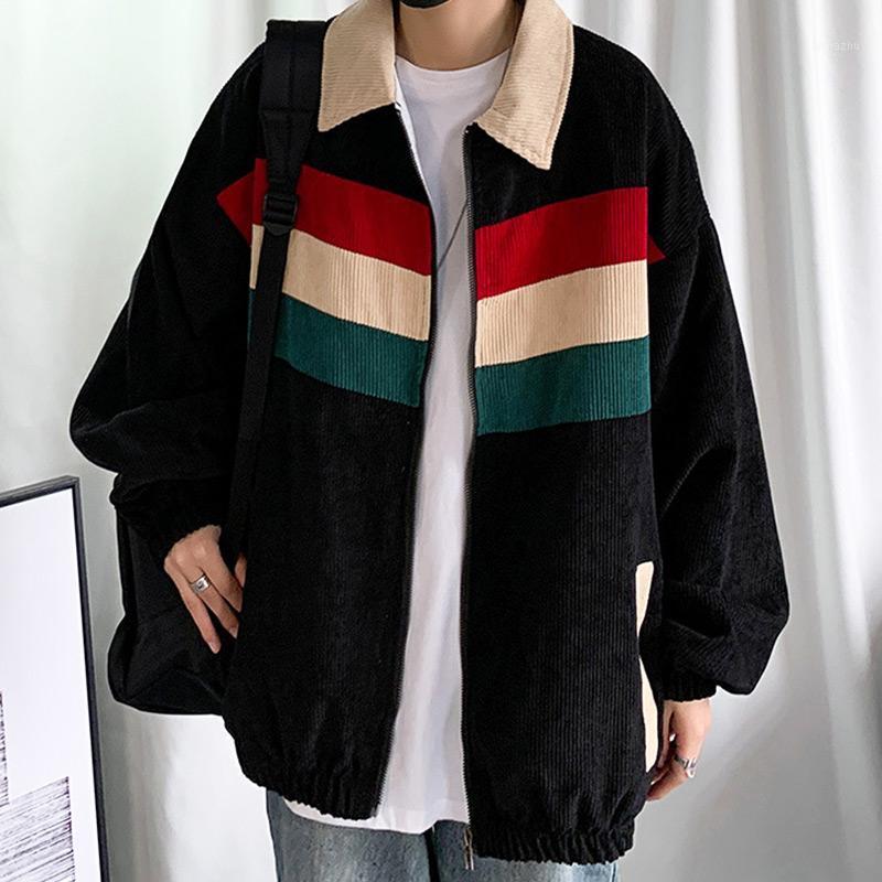 

Men's Jackets Spring And Autumn Personality Contrast Color Corduroy Jacket Wild Korean Loose Student Casual, Black