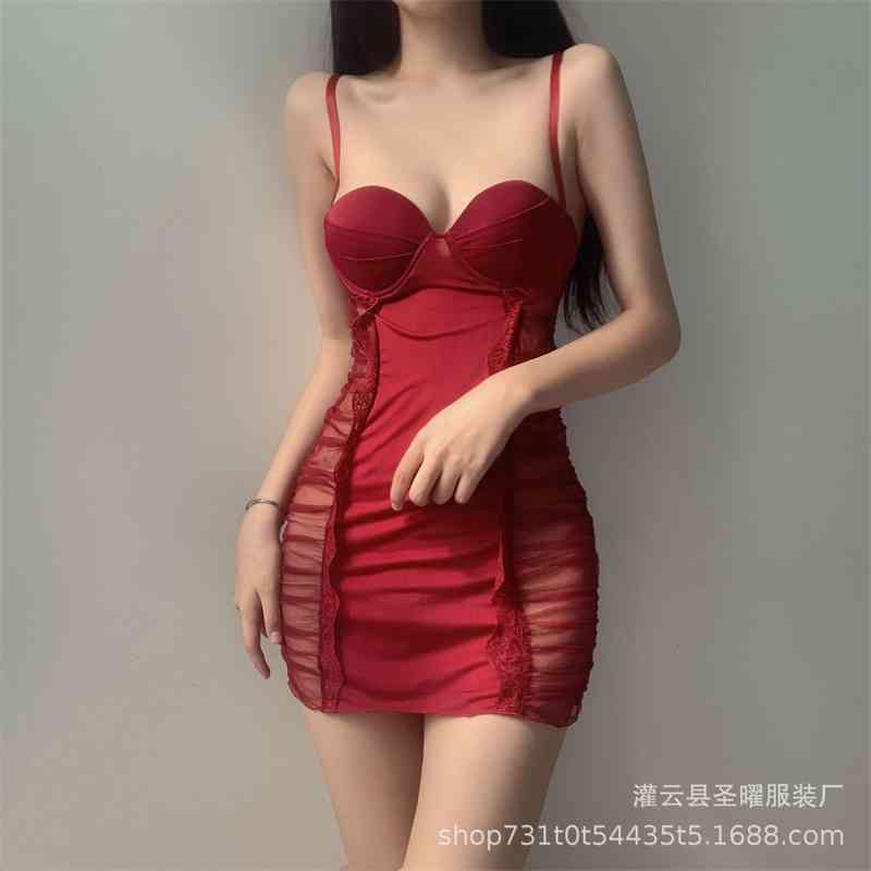 

Sexy pajamas seduce sexy underwear nightclub small breasts gather passion perspective nightdress suit hot clothes, Red