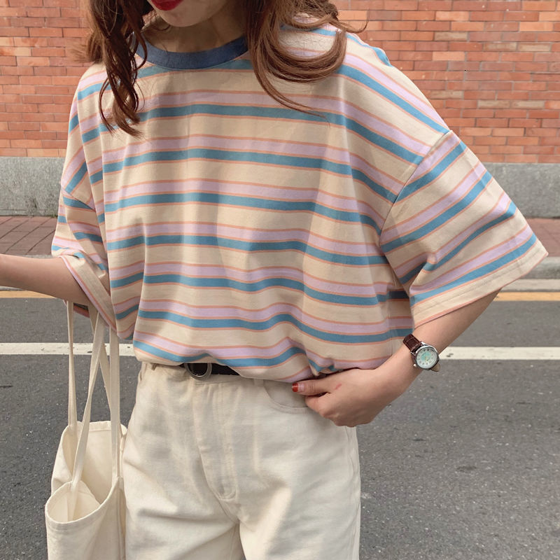

2021 New Ulzzang Harajuku Preppy Styl Raiow Striped t Schoolgirl Shirt Will See Tops Korean Released Short Sleeve 9i0d, Pink.