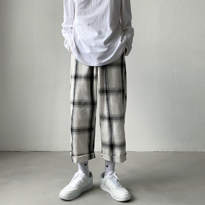 

2021 New Spring Summer Thin Plaid Men's Fashion Retro Casual Men Streetwear Korean Straight Wide Leg Pants Mens Trousers 2rpe, White