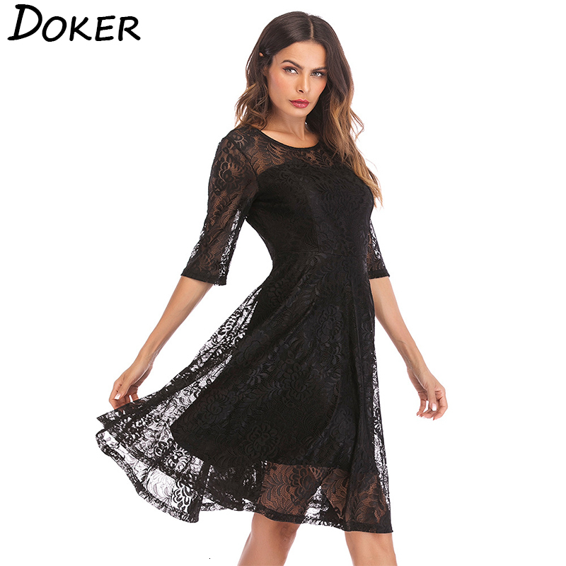 

2021 New Lace Vintage Large Swing Women O-neck 3/4 Sleeve Knee-length Ladies Plus Size Elegant Evening Party 5pq2, Navy blue