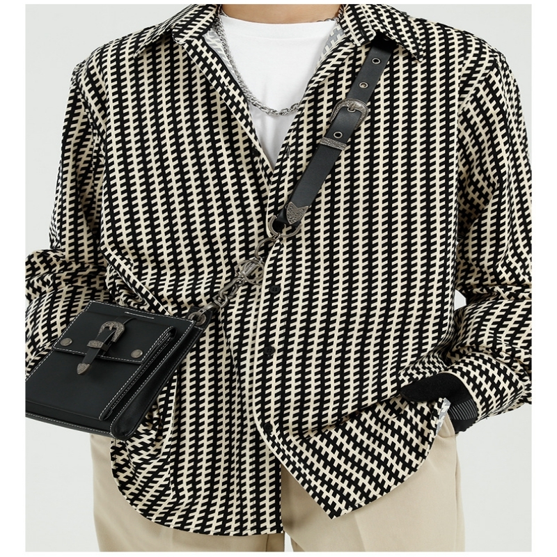 

2021 Autumn Winter New Drape Striped Flower Fashion Casual Shirts Men's Long-sleeved Wild Loose Warm Men Tops Ldah, Black