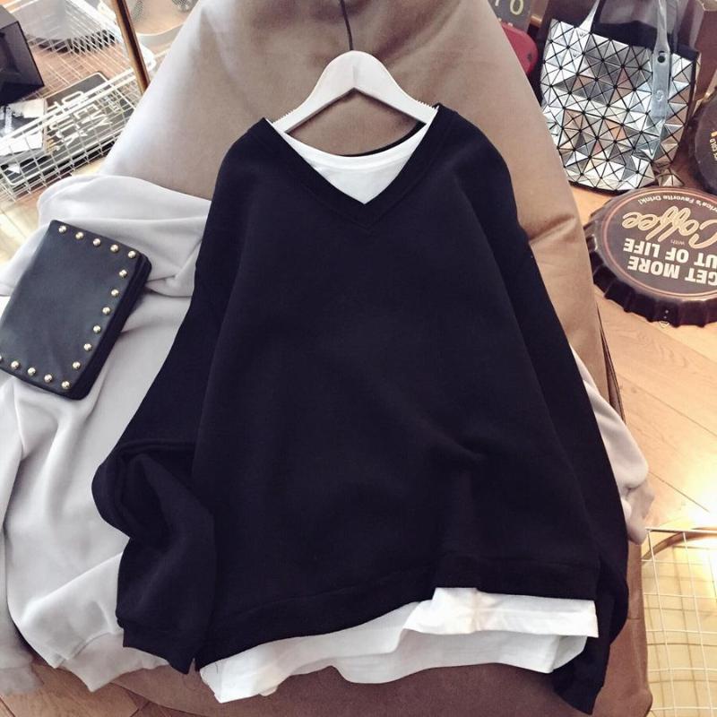 

Women's Hoodies & Sweatshirts Autumn And Winter Plush Thickened Warm Loose Fashion Leisure Versatile Fake Two-piece Splicing Top, Black