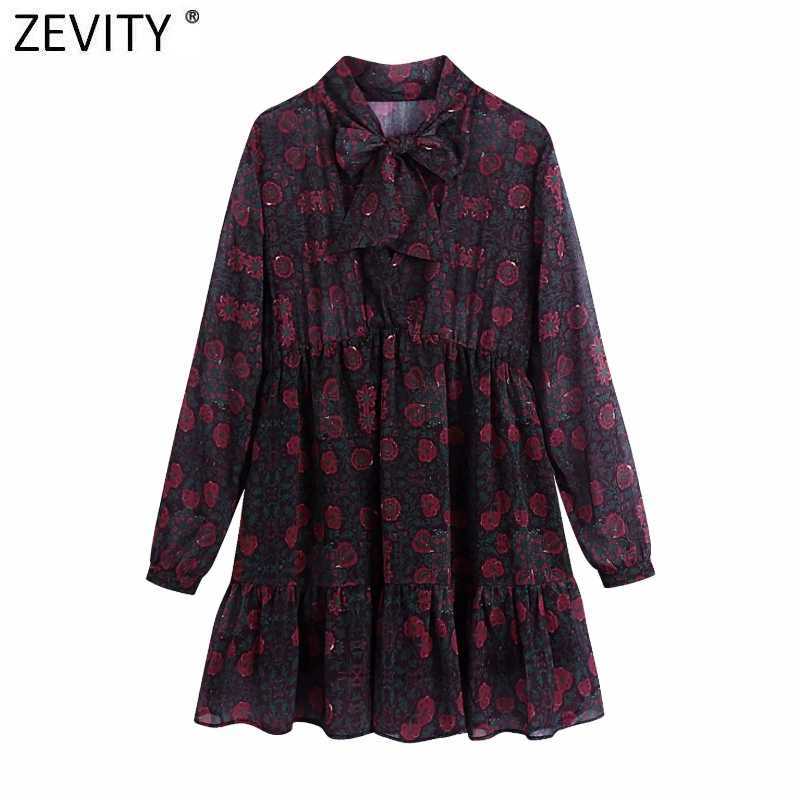 

Zevity Women Sweet Bow Tied Collar Floral Print Perspective Mini Dress Lady Chic Court Long Sleeve Pleats Chiffon Vestido DS4746 210603, As pic ds4746bb