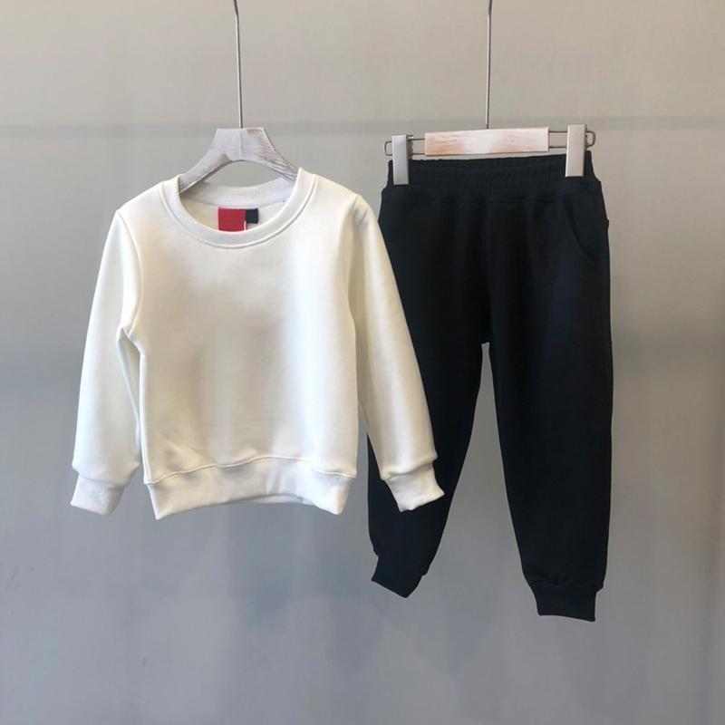 

Round collar looped fleece Girl boy Kids cartoon sports Clothes set Hoodied Coat tops Pants Spring Fall OutfitsTracksuit suit F3YI, White