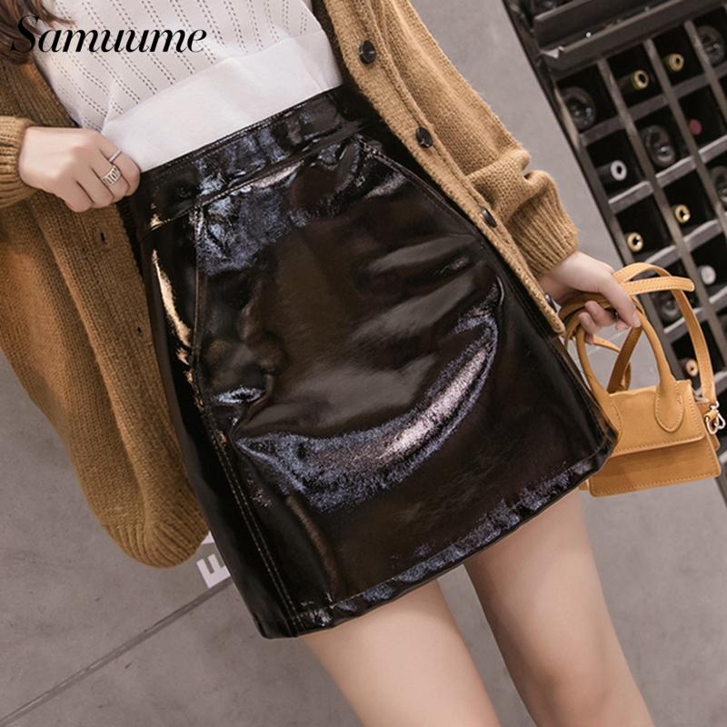 

Skirts Samuume 2021 Spring PU Skirt Black High Waist Mini Back Zipper A-Line Fashion Patchwork Women Faux Leather 9127#