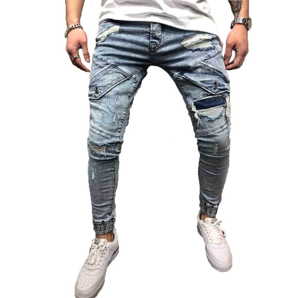 

2021 New Men Harem Load Jeans Thin Fit Feet Sew Younth Denim Torn Pants Clothes 1897, Blue.