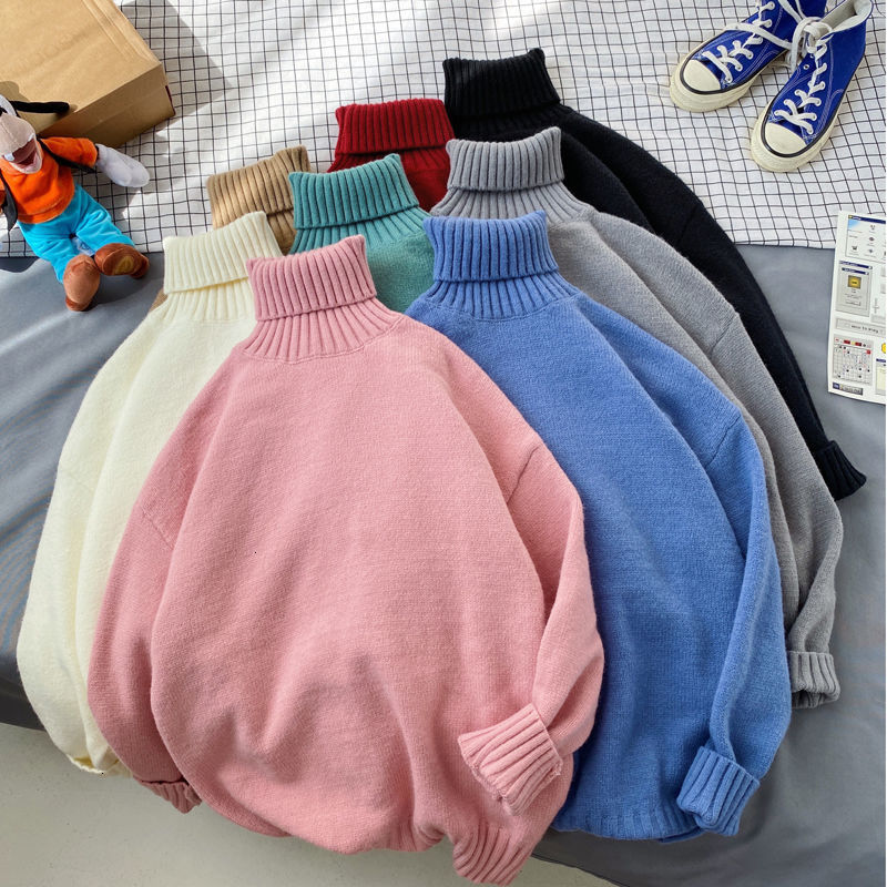 

2021 New Winter Turtleneck Sweater Men's Warm Fashion Solid Color Casual Knitted Pullover Men Wild Loose Knitting Sweaters Mens Clothes Aomc, White