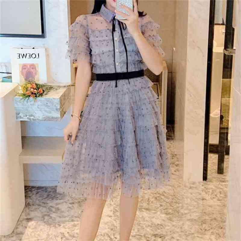 

Women Polka Dot Dress Retro Sweet Mesh Long Puff Sleeve Elegant Blue Autumn Korean Splice A-line Short 210603, Picture color