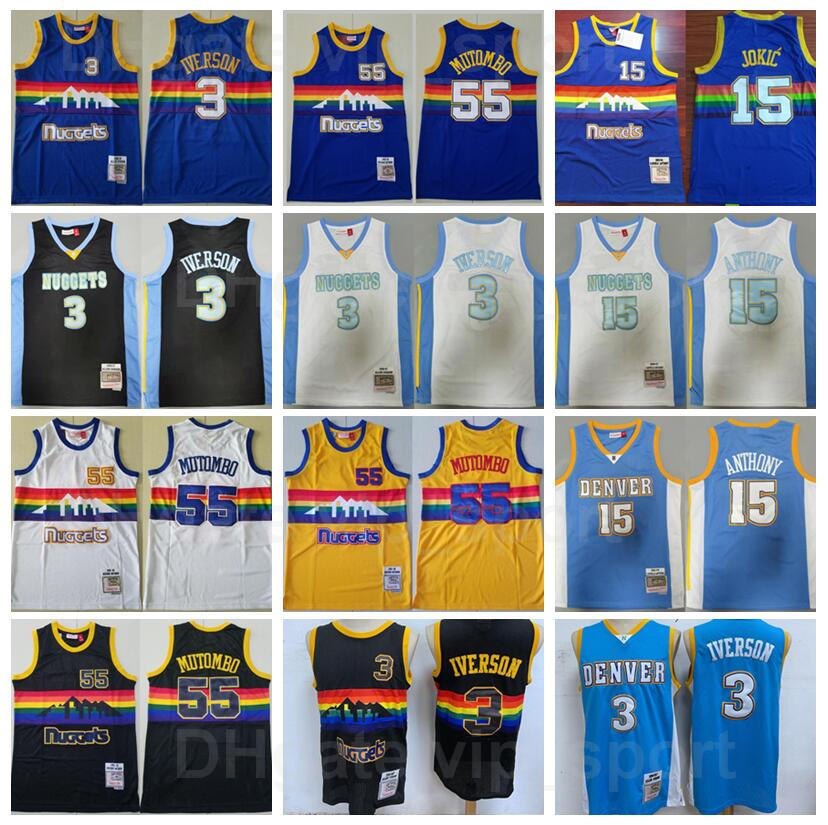 

Vintage Basketball Allen Iverson Mitchell Ness Jersey 3 55 Dikembe Mutombo 55 Carmelo 15 Retro Blue Black White Yellow Color For Sport Fans Breathable Uniform, 55 yellow