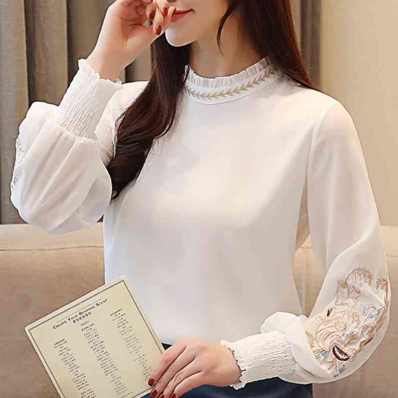 

Womens Tops And Blouses Long Sleeve Women Shirts White Blouse Fashion Blouses Woman Floral Embroidery Chiffon Blouse B917 210602, Pink