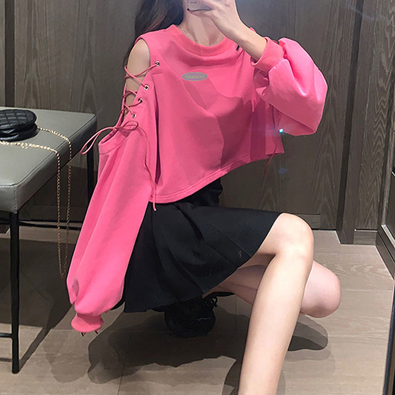 

2021 New Autumn Long Sleeve Cropped Top Women Hot Pink t Shirts Harajuku Ladies Hollow Out Tshirts Gi8u, Black