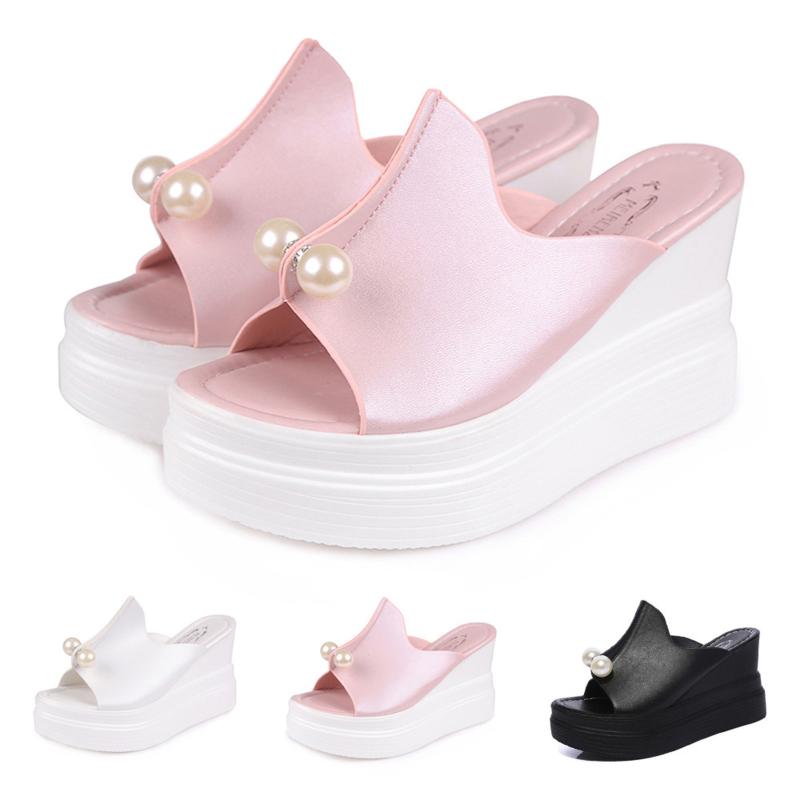 

Sandals Women's Ladies Slippers Thick-Bottom Solid Pearl Waterproof Wedge Shoes Lady Platfroms Wedges For Women High Heels, Black