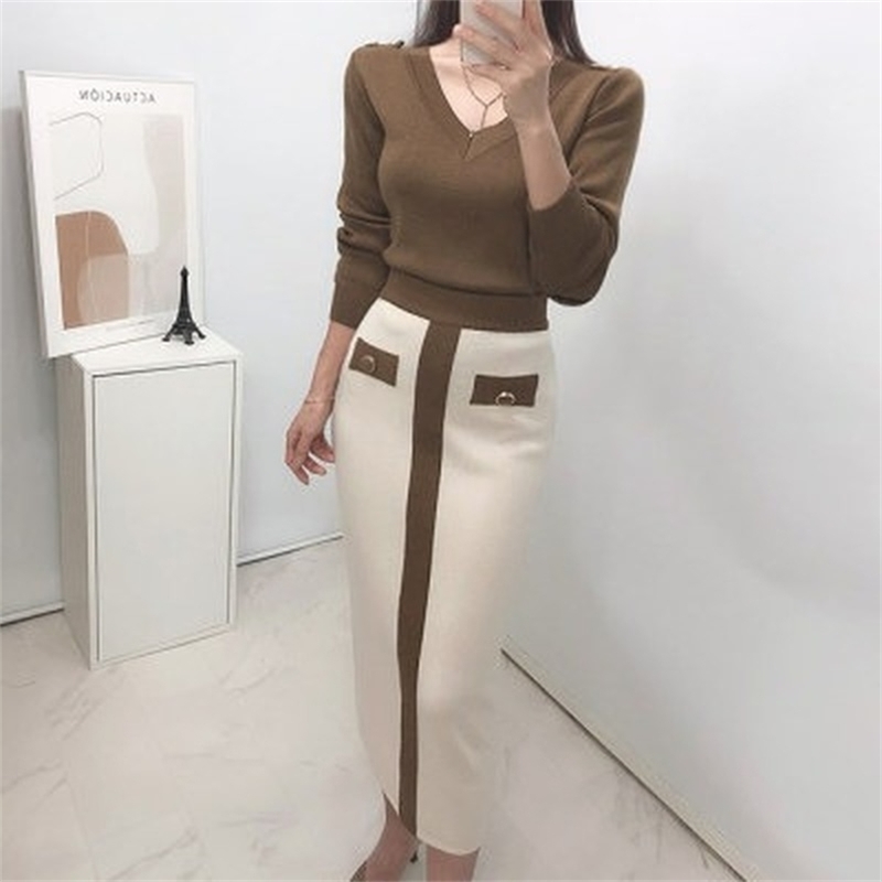 

Autumn Korean Knitted Elegant Two Piece Sets Women V-neck Sweater + Color-blocked Long Skirt Ladies Fashion Suits Outfits 210603, Picture color