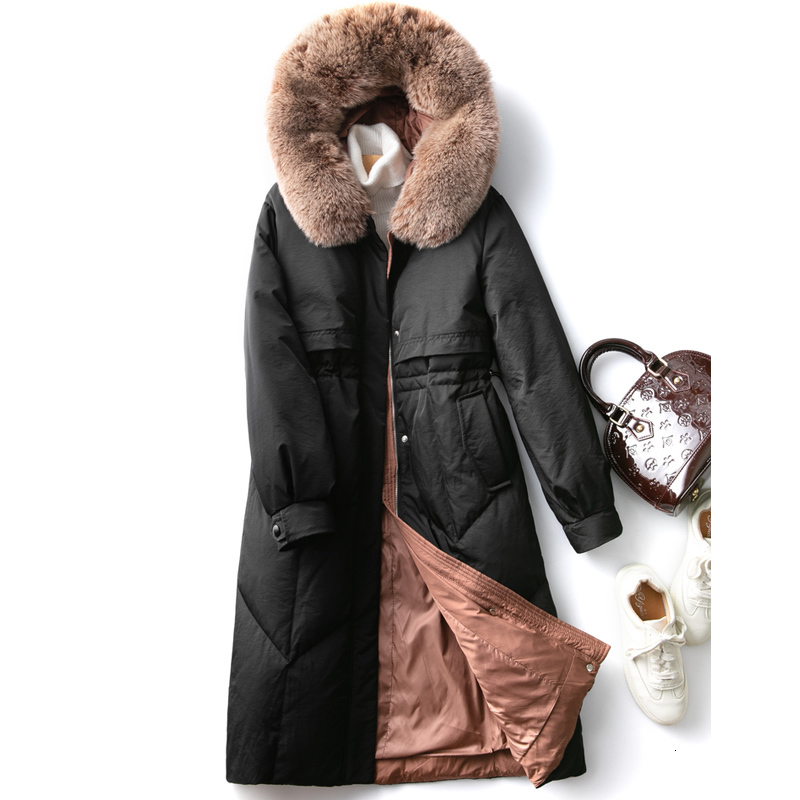 

2021 New Jacket Long White Duck Down Coat Women Thick Real Fox Fur Hooded Winter Female Er Feather Parka Outwear Lv5v, Black