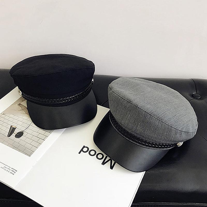 

Berets Fashion Unisex Pu Leather Military Hat Autumn Sailor Hats For Women Men Black Gray Flat Top Female Travel Cadet Captain Cap