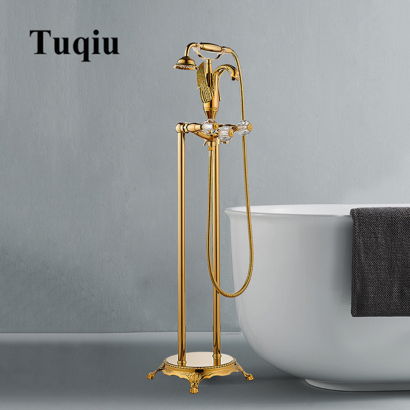 

2021 New Gold Bathroom Faucet Handheld Shower Free Standing Black Oil Brushed Swan Bathtub Mixer Taps Floor Mounted Cwbm