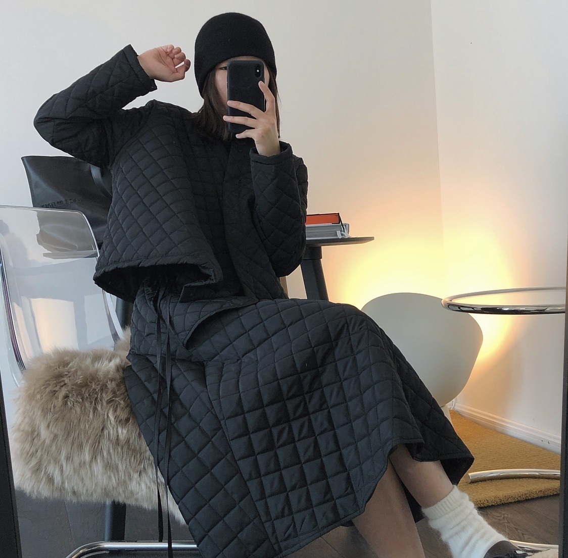 

2021 Winter New Rhomboid Oblique Placket Short Cotton Warm All-match Jacket Women My3r, Black