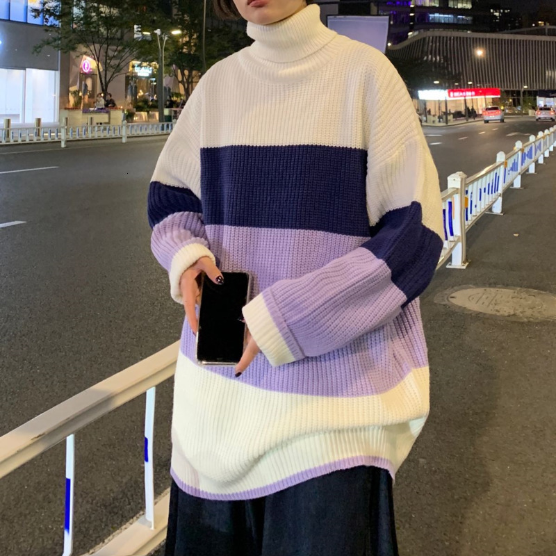 

2021 New Winter Thick Turtleneck Sweater Men's Warm Fashion Hit Color Casual Knitted Pullover Men Loose Korean Sweaters Mens Clothes Nu48, Purple stripe