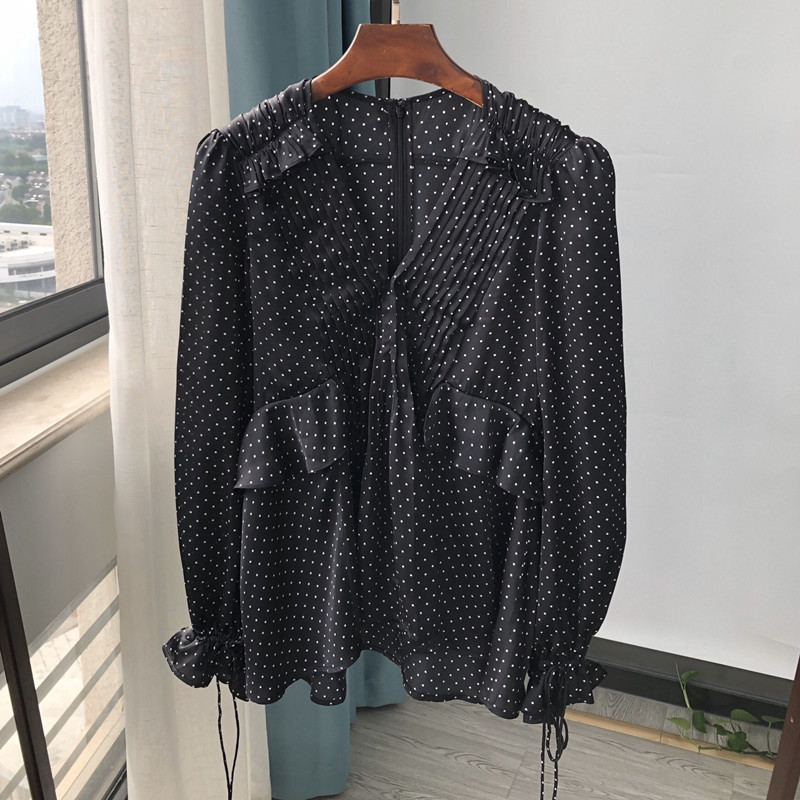 

2021 New Camisa De Babados Feminina Plissado Lao-up V-neck Manga Longa Polka Dot Impresso Zper Vintage Blusa Das Senhoras Abyk, Black