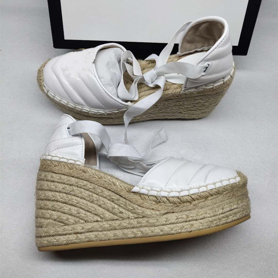 

Sexy Ankle sandals Strap Black White Grosgrain Lace Up Calfskin Real Leather Platform Espadrilles Women Wedge Shoes size 35 to 41 tradingbear, 013