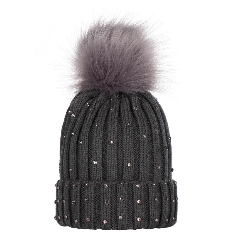 

2021 Autumn Fashion Big Hair Ball Wool Hat Knitted Hat Casual Point Drill Children's Winter Warm For Newborns Boys Cap, Black