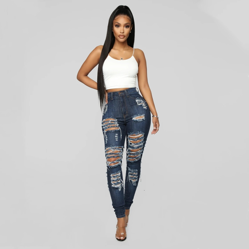 

2021 Spring and New Autumn Sexy Ny Ripped Into Fashion by Super Stretchy Women Distressed Jeans Vintage Lift Streetwear 0bei, Blue.