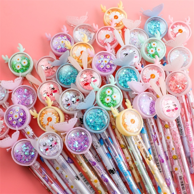 

20Pcs/Set Kawaii Sequin Gel Pen Cute Butterfly Bunny Fawn Daisy Signature 0.5mm Black Ink Office School Gifts Stationery 220226
