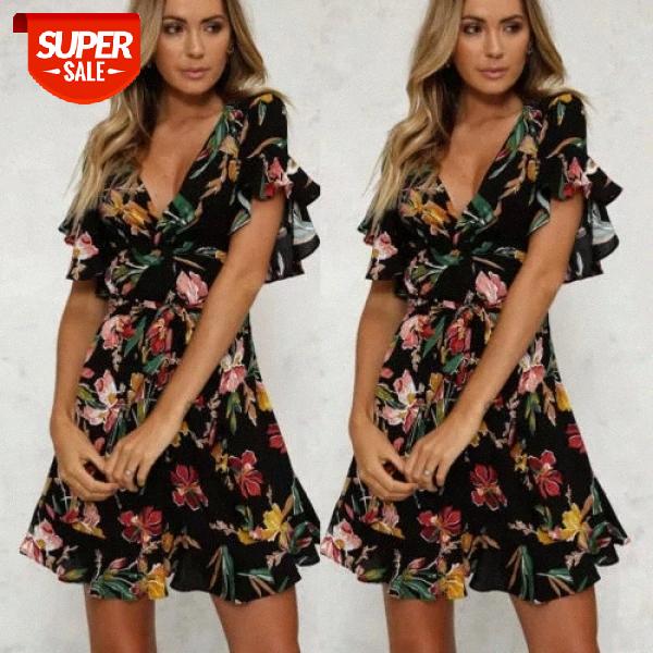 

Summer Dress 2019 Women Sexy Deep V-Neck Black Flower Print Dresses Hem Folds Bohemian Style Belt Mini Ruffle Beach Dress #5n42, Black;gray