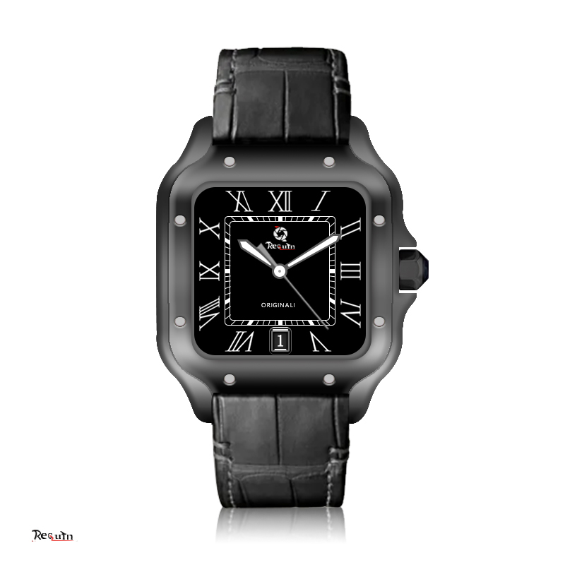 

Men's Luxury Automatic Mechanical Watch 100XL REQUIN Santo Stainless Steel Case Calendar Sapphire Waterproof Black Leather Strap WSSA, Box