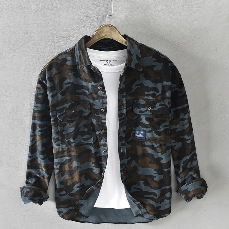 

2021 New Autumn Long Sleeves Camouflage Cotton Shirts Pure Casual Fashion Male Turn-down Collar Breast Patched Pocket Tops Clothes 8z2h, Blue.